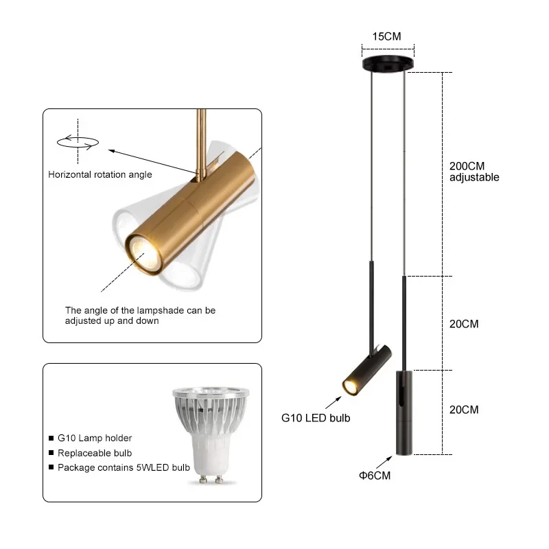 Nordic Modern Concise Pendant Light Black Chandelier for Bedroom Bedside Reading Bar Coffee Decor Hanging Lamp Adjustable Angle 6