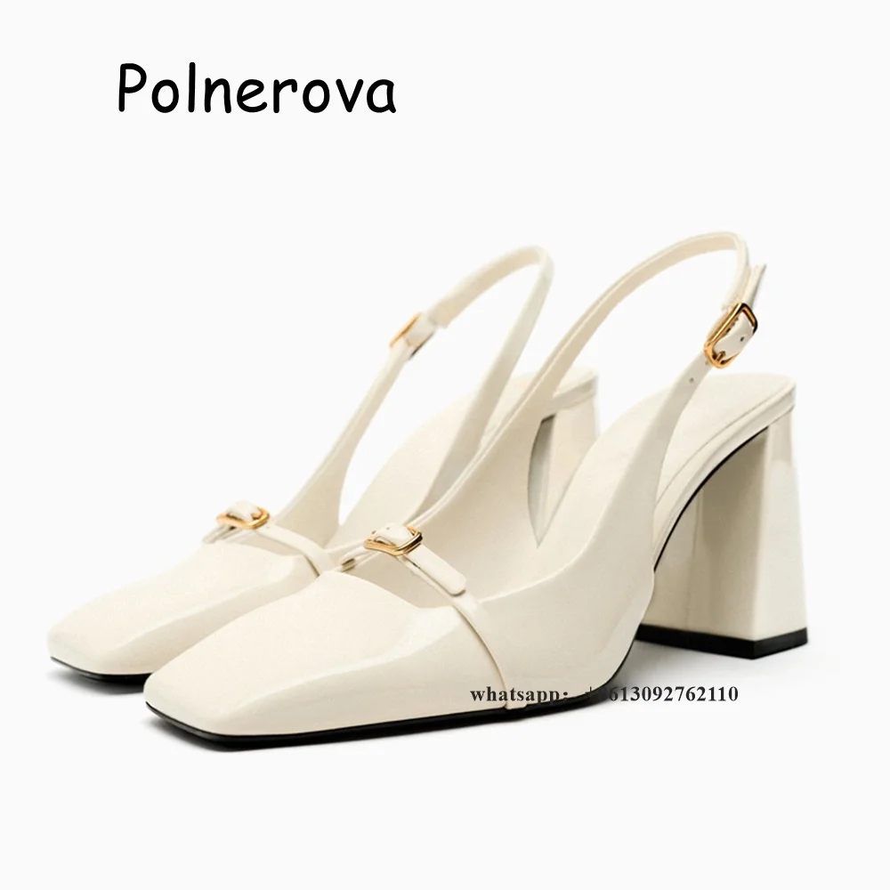 

White Patent Leather Sandals Back Strap Square Toe Women's Shoes Metal Buckle Summer Casual Square Toe Ladies Fashion Shoes