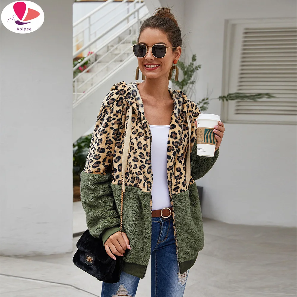 

Autumn Winter Sweatshirts Women Hooded Leopard Hoodies Casual Zipper Long Sleeve Hoodie Fashion Top Warm Coat Polerones Mujer