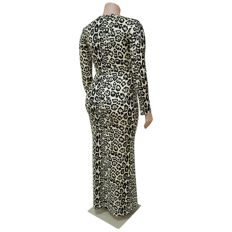 Nightclub Fashion Leopard Printing Long Sleeve Plus Size for Women Autumn Sexy Zipper Slim Waist Bag Hip Fish Tail Maxi Dress