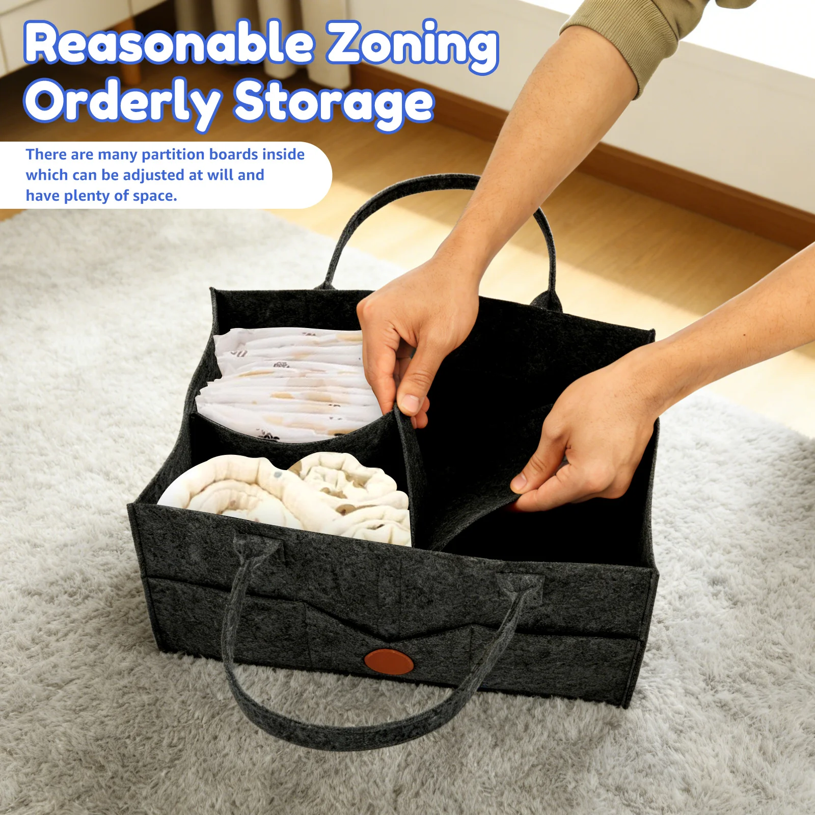 2Pcs Diaper Caddy Organizer Baby Felt Storage Basket with Dividers and Handle Large Capacity Portable Infant Diaper Bag for Baby