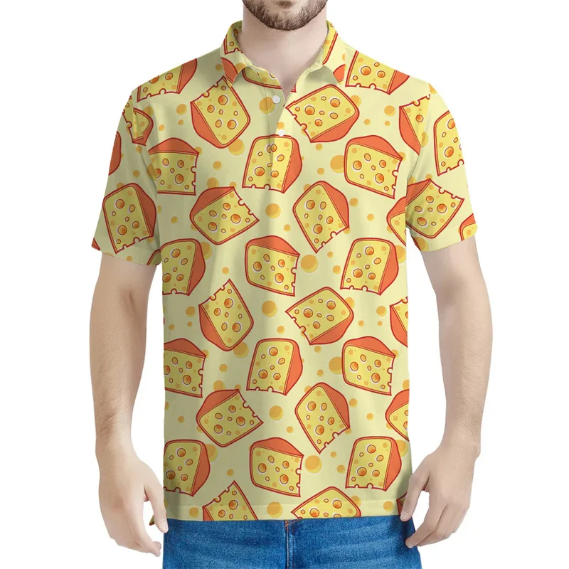 Cartoon Cheese Polo per uomo Summer Street allentato a maniche corte Tees 3d Printed Food Button risvolto T Shirt Casual top - immagine 3