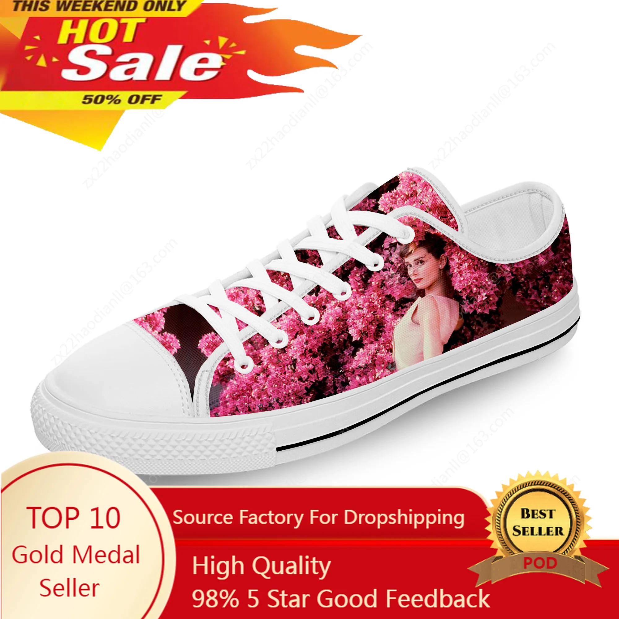 Movie Star Audrey Hepburn Cute White Cloth 3D Print Low Top Canvas Fashion Shoes Men Women Lightweight Breathable Sneakers