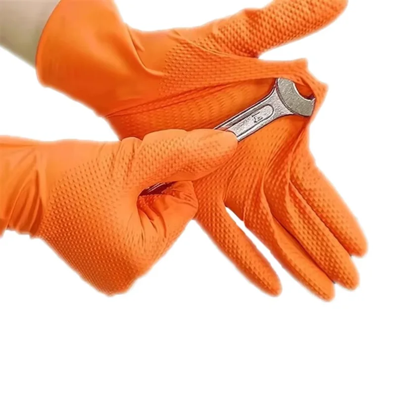 Heavy Duty Orange Nitrile Gloves 8Mil Industrial Disposable Gloves Raised Diamond Texture For Mechanic Safety Work