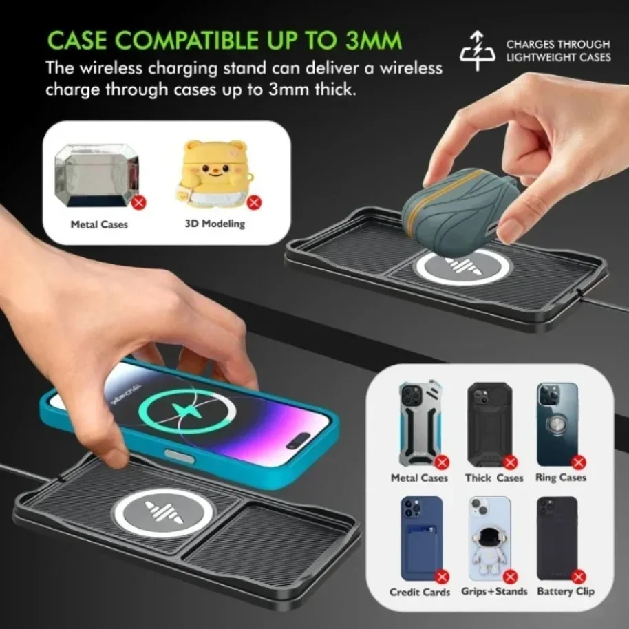 VIKEFON Car Wireless Charger Pad Base USB Cable for iPhone 17-12 Pro Max Samsung Xiaomi Airpods Pro 2 LG Fast Charging Station