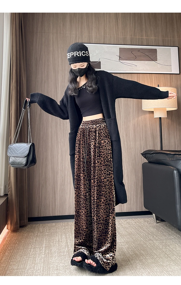 Herbst Klassische Leopard Print Lose Volle Länge Weibliche Breite Bein Hosen Mode Kordelzug Elastische Hohe Taille Casual Frauen Hosen – Detail 8