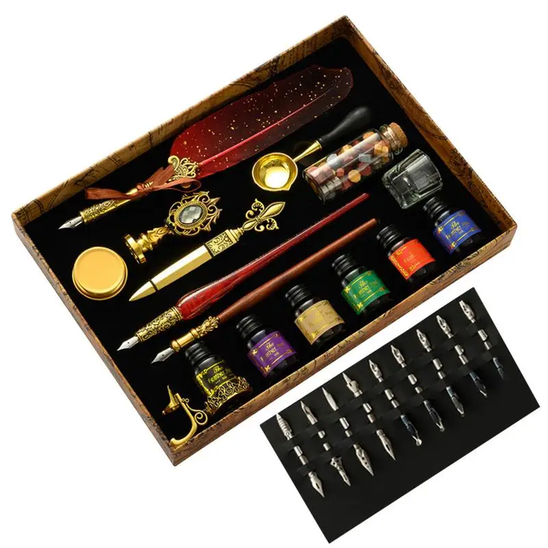 

Quill Pen And Ink Set Vintage Calligraphy Dip Pen Kit Upgraded Wax Seal Stamp Kit With Replacement Nibs Pen Luxury Vintage