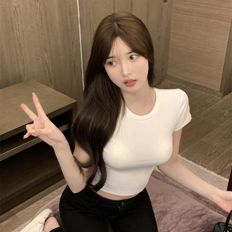 Szexi póló női nyári vékony póló női, egyszínű, rövid ujjú koreai Kpop vékony O-nyakú póló női ruhák Top943_voghion.com