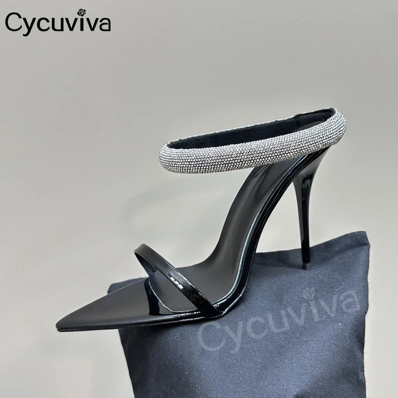 

Glitter Crystal Slides Black Leather High Heel Modern Slippers Women Summer Open Point Toe Brand Dress Shoes For Woman Sandals