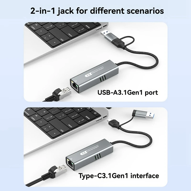 USB 3.0+Type-C - 5G 유선 네트워크 카드 어댑터 1000Mbps 네트워크 어댑터 노트북용 RJ45 네트워크 포트 Win10/11/ OS-A09I