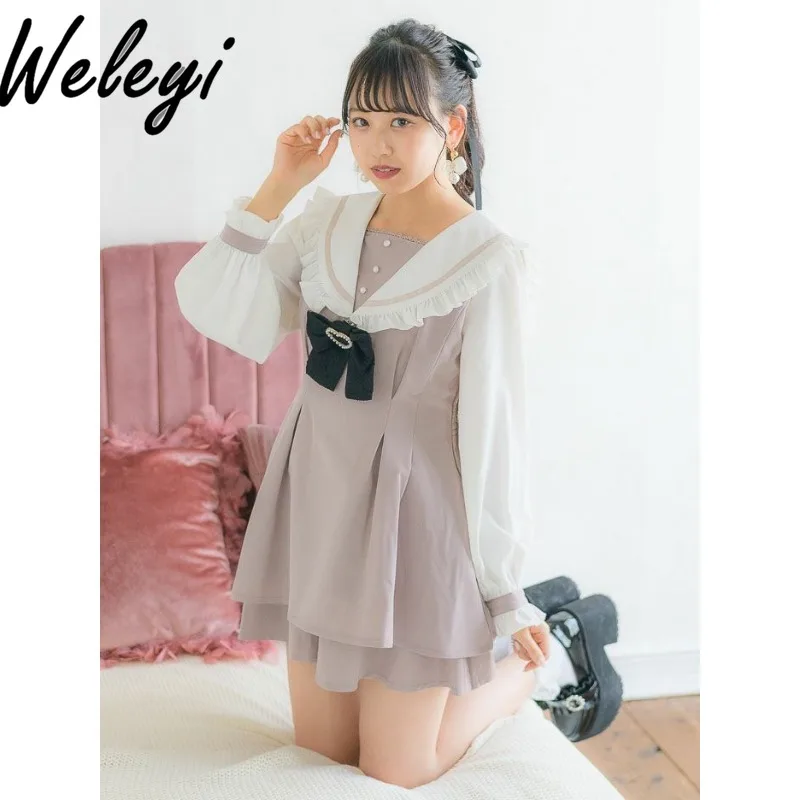 Kawaii Rojita Women's Shorts Suit Japanese Autumn New Show Two Dimensional Cute Corset Sailor Collar Shirt Coat Two Piece Pants