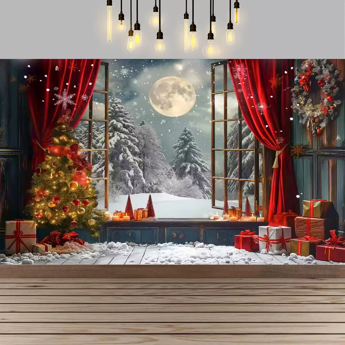Weihnachten Roter Vorhang Dekoration Hintergrund Winter Schnee Landschaft Kamin Weihnachtsmann Fotografie Hintergrund Urlaub Party Supplies – Detail 5