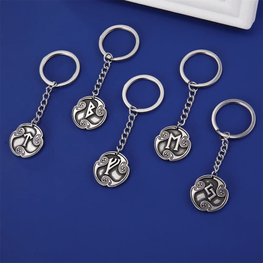 EUEAVAN Retro Mysterious 24 Runes Keychain Norse Viking Jewelry Courage Charm Letter Amulet Keyring for Women Men Accessories
