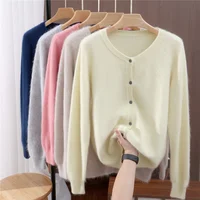 Autumn And Winter Women's Round Neck Mink Cashmere Knitted Cardigan Solid Color Button Wool Knitted Coat Temperament Sweater - Image 5
