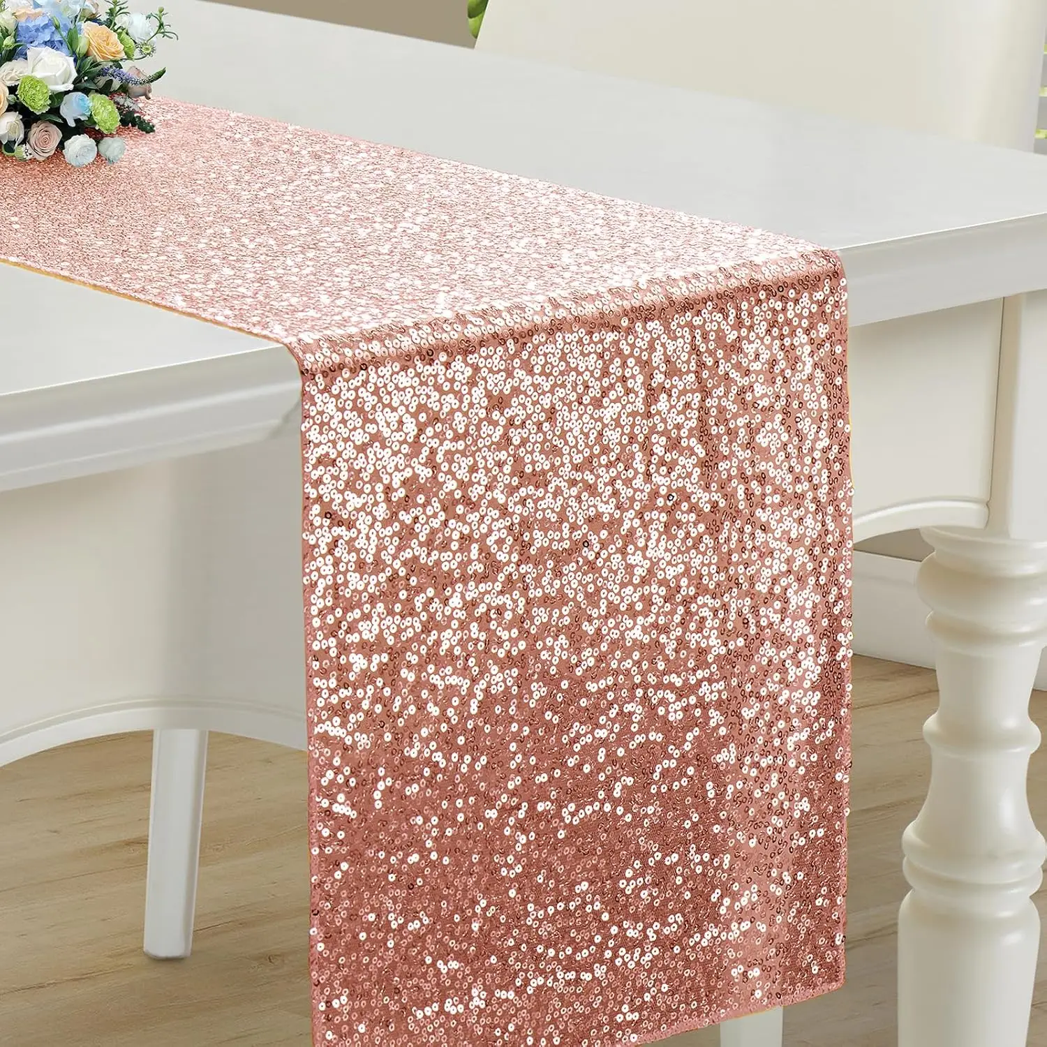 Elegant Rose Gold Sequin Table Runner - 12x108 | Sparkling Dining Table Centerpiece