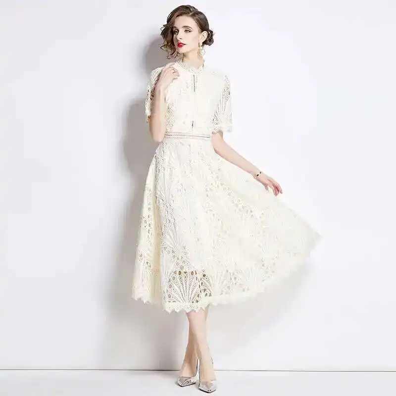Designer Runway Summer White Flower Embroidery Evening Dress Women