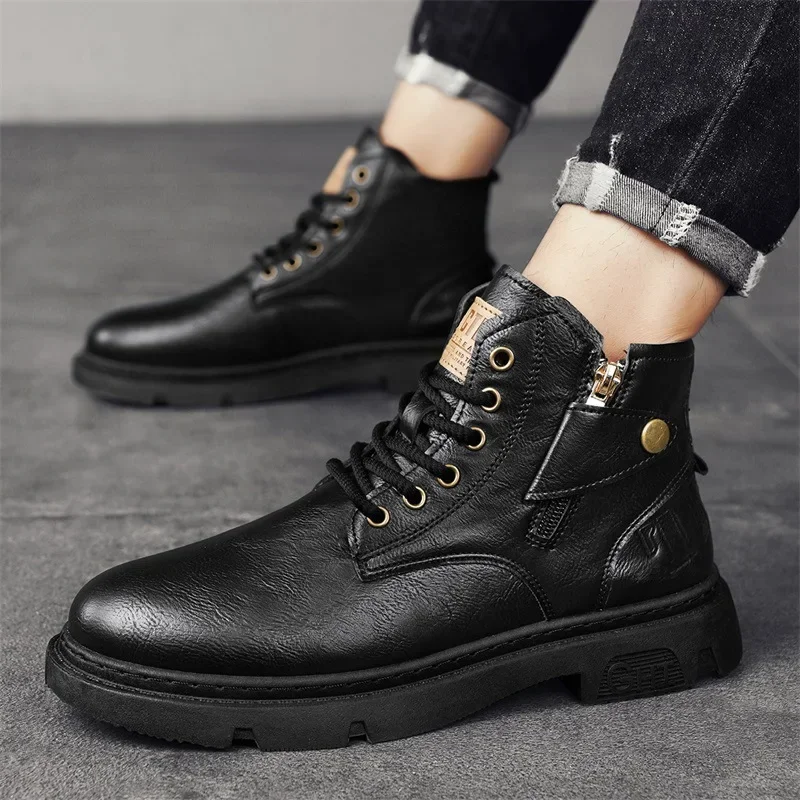 Men's Biker Boot Winter Outdoor Motorcycle Retro Style Leather Boots Man High Top Casual Shoes Trendy All-match Wear-resistant88