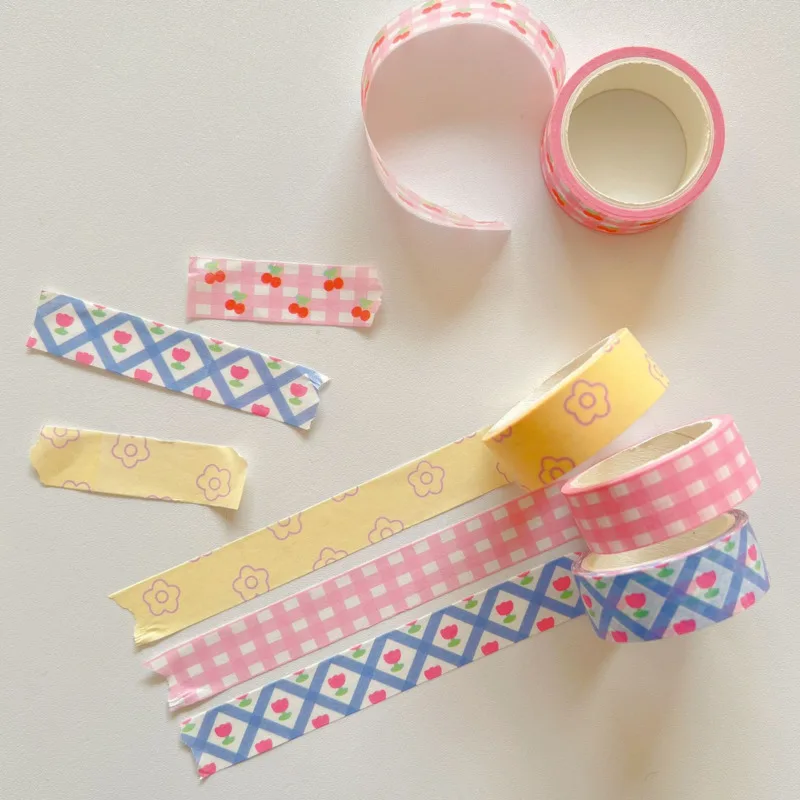 1Pcs Washi Tape Pink Grid Cherry Flower Decorative Adhesive Tape Color Masking For Sticker Scrapbooking DIY Stationery