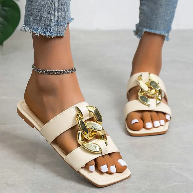 

Women's Summer Flip Flops Thick Bottom Open-Toe Slippers Round Toe Plus Size Metal Buckle Sandals Chinelo Flip Flop Feminino