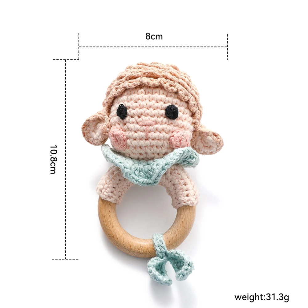 Baby-Rassel Holzring-Beißring Handgemachtes Gehäkeltes Schaf Weiches Plüsch-Sensorikspielzeug für Neugeborene Frühkindliche Entwicklung Geschenk zur Babyparty – Detail 1