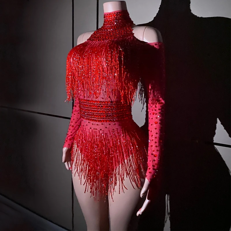 

Drag Queen Costumes Red Rhinestones Fringed Bodysuit Women Gogo Dance Rave Outfit Dj Ds Stage Jazz Clothes Clubwear XS7483