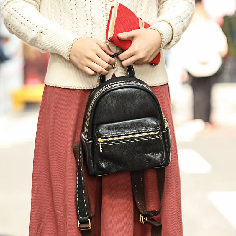 Top Layer Cowhide Women Backpack Small Genuine Leather Schoolbag Original Niche Backpack Female Preppy Style