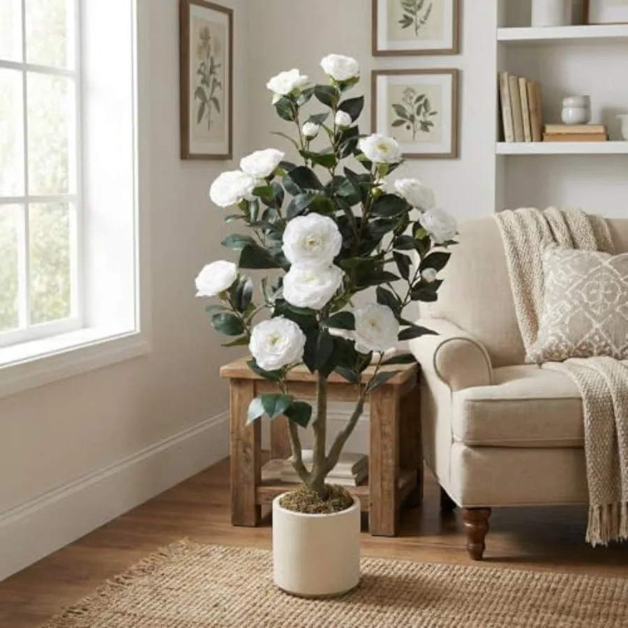 Artificial Camellia Tree 3Feet Tall in Pot Realistic Fake Silk Flower Plant for Home Office Decor Faux Tree for Indoor and Cove