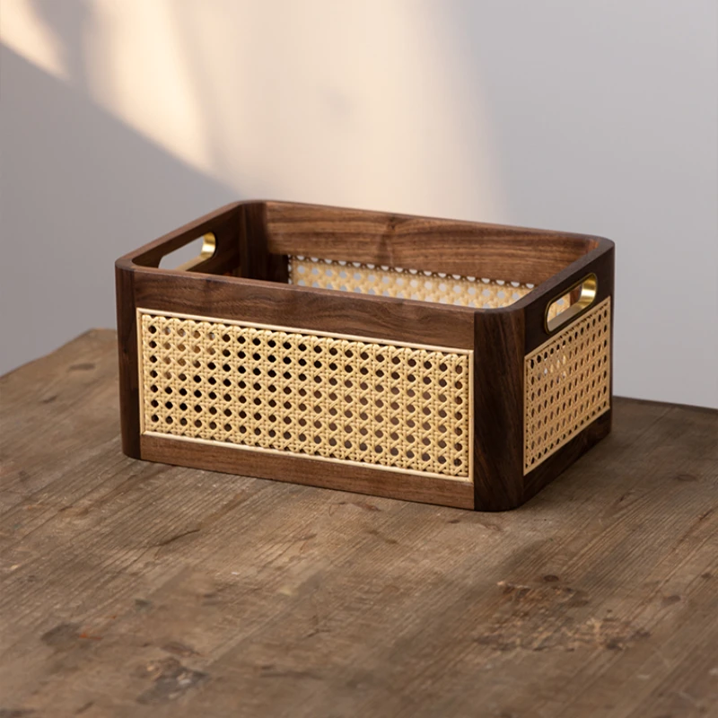

Black Walnut Rattan Weave Table Top Storage Basket Solid Wood Handle Storage Box Wooden Tea Can Wine Bottle Sundries Storage Box