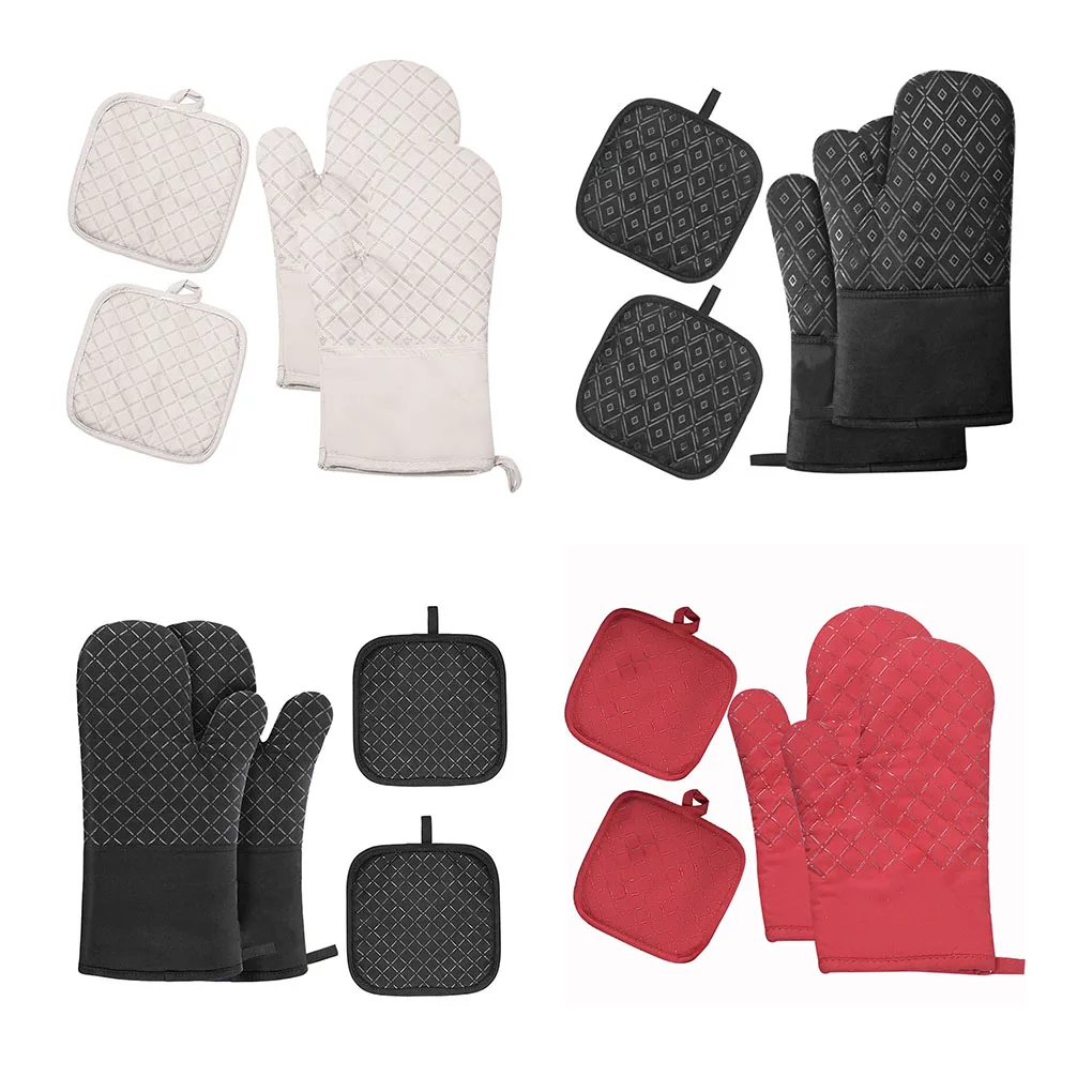 

4 Pieces/Set Oven Portable Silicone Gloves Baking BBQ Mittens Heats Resistant Microwave Ovens Nonslip Mitts Black Grid