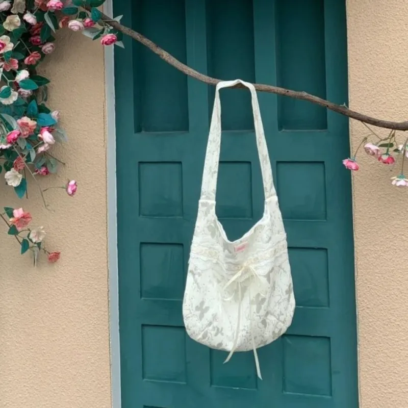 JIAERDI Fairycore White Shoulder Bags Purse Women Hot Girls Bow Chic Lace Y2k Handbag Female Vintage Canvas Tote Bag Aesthetic