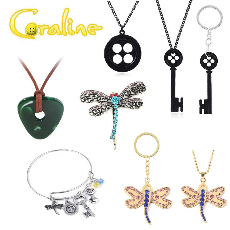 BORFUE Juego De 4 Collares Con Colgante De Llave Verde, Pinzas Para El Pelo Y Peluca Azul - Disfraz Y Cosplay De Coraline