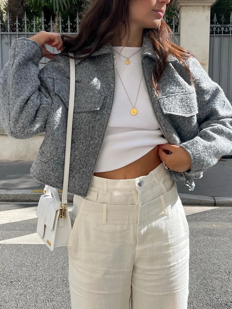 S8e4c95eebc85490aaad60927ce4b52d74 Spring Turn-down Collar Cropped Jacket For Women Elegant Warm Short Coats Female Street Zipper Long Sleeve Pocket Outerwear Mallzona