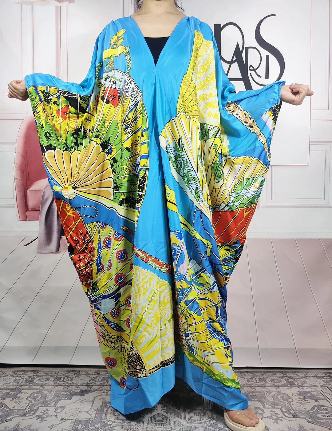 Dubai Traditional Fashion Muslim Women Summer Beach Party Loose V-Neck Silk Kaftan Dress  Dashiki African Holiday Printed Abaya african clothes for men traditional dashiki printed coats and pants 2 piece set bazin riche muslim suit formal outfits a2216010