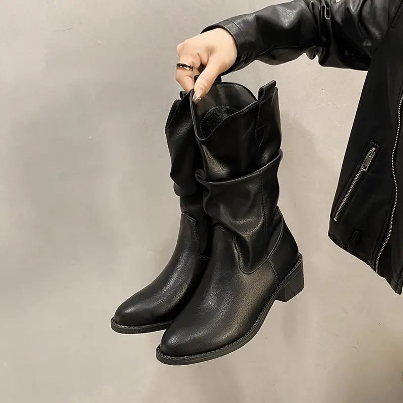 Women's Boots Winter  Fashion Casual Low Heel Non Slip Comfort Waterproof Pleated Leather Boots Cold Resistant Fashion Boots