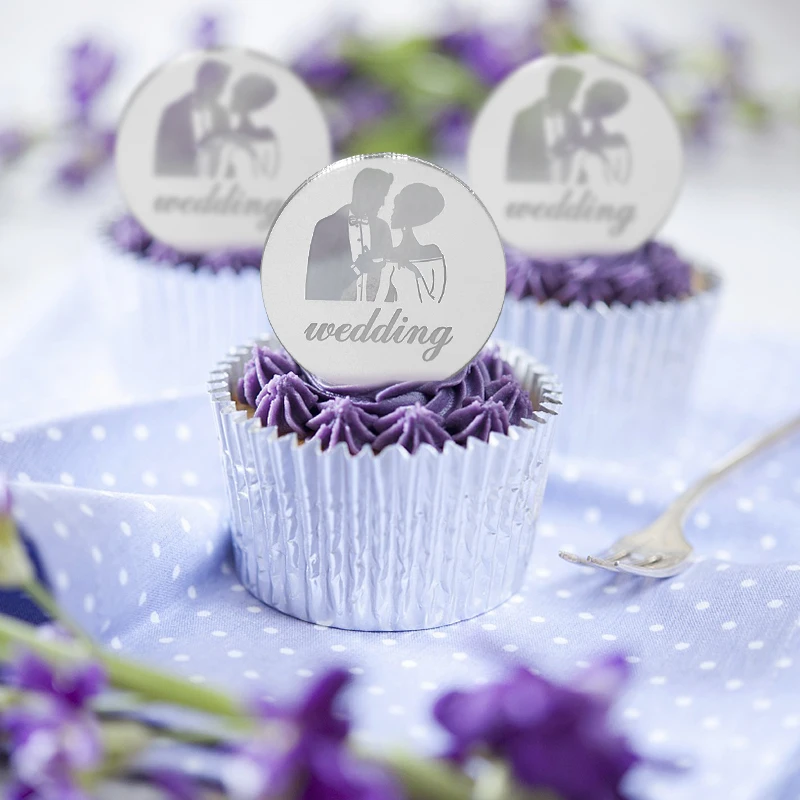 

10pcs Round Acrylic Cakes Inserts Happy Anniversary Wedding Cakes Topper Gold Silver Rose Gold Cupcakes Home Dessert Party Decor