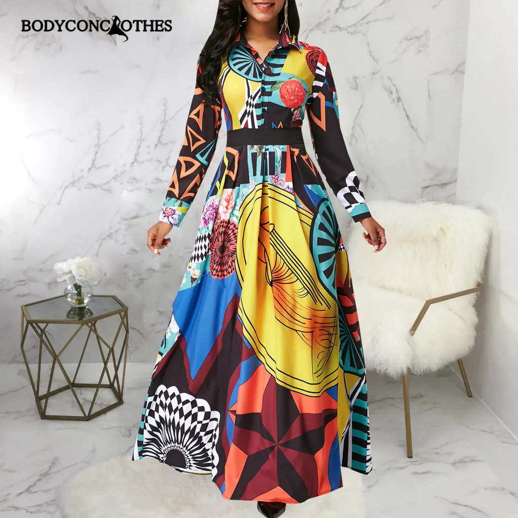 

Bodyconclothes Summer Fashion Print Dress Women Short Sleeve Loose Lapel Maxi Dresses Party Beach Vacation Dress Female Vestido