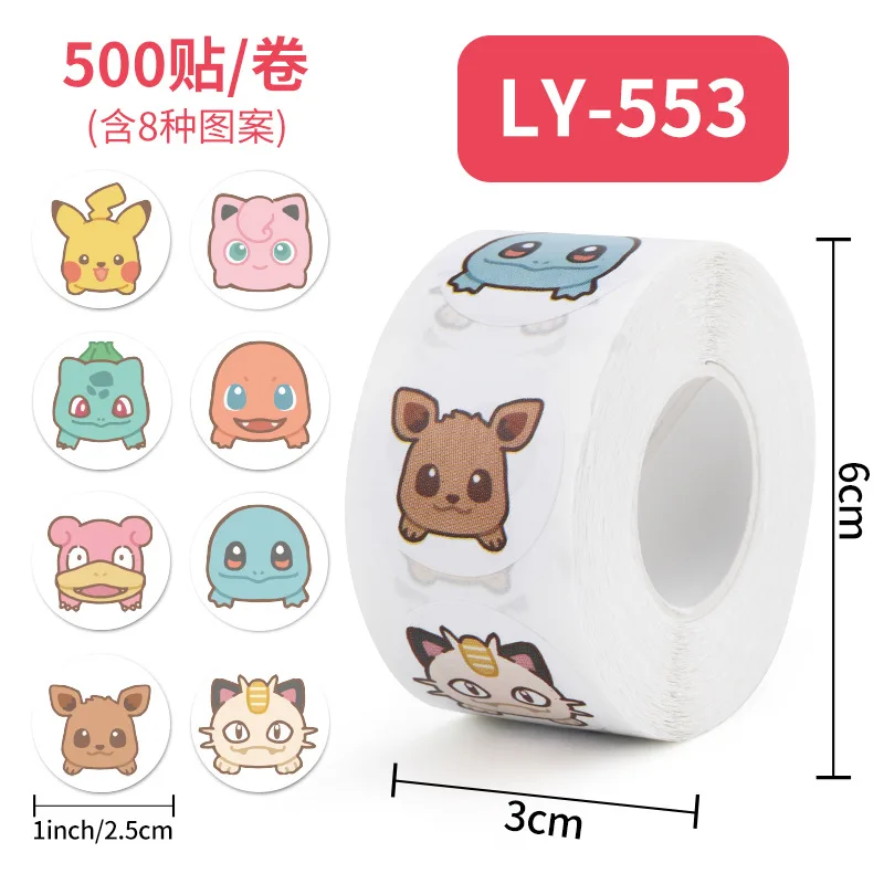 500PCS Anime Cute Pokemon Stickers Kawaii Pikachu Charizard Round Seal Stickers Rolls Stickers Graffiti Luggage Stickers Toys