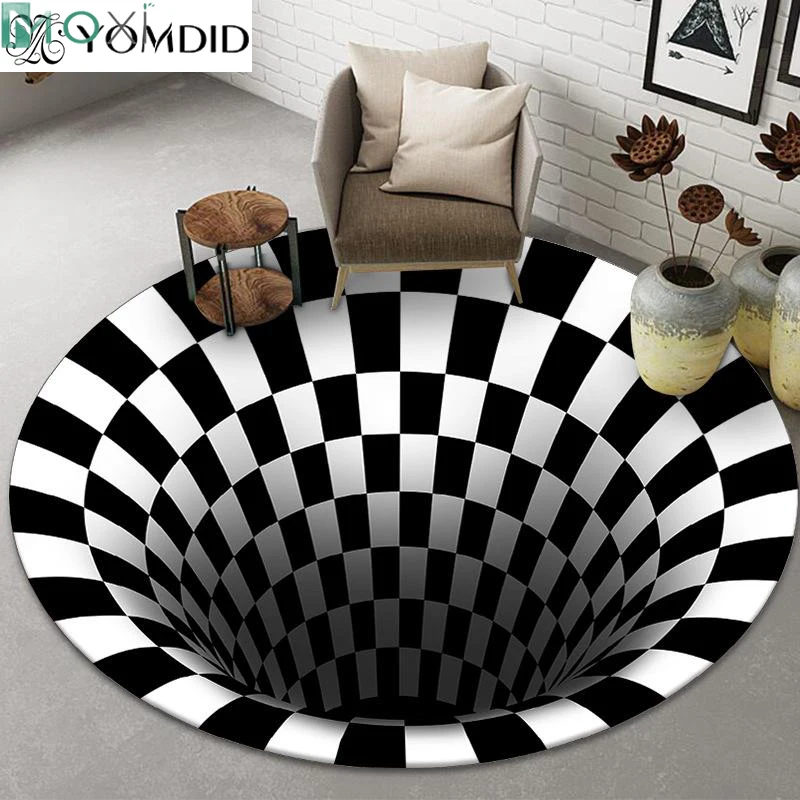 

AISIRUI 3D Round Carpets for Living Room Trap Black&White Carpet Chair Mat Anti-Skid Area Rugs Geometric Home Bedroom Floor Mat