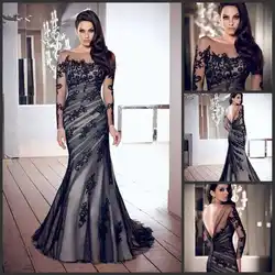 Free Shipping Mermaid Appliques Long Sleeves Low Back Black Tulle Elegant Long Formal Evening Gown mother of the bride dresses