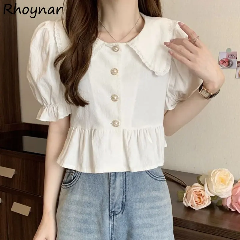 

Peter Pan Collar Shirts Women Summer Temper Crop Tops French Style Chic Females Gentle Solid All-match Simple Popular Streetwear