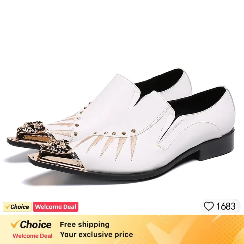 Luxurious New Genuine Leather Men Shoes Gold Pointed Toe Slip-on White Party Dress Wedding Shoes Oxfords