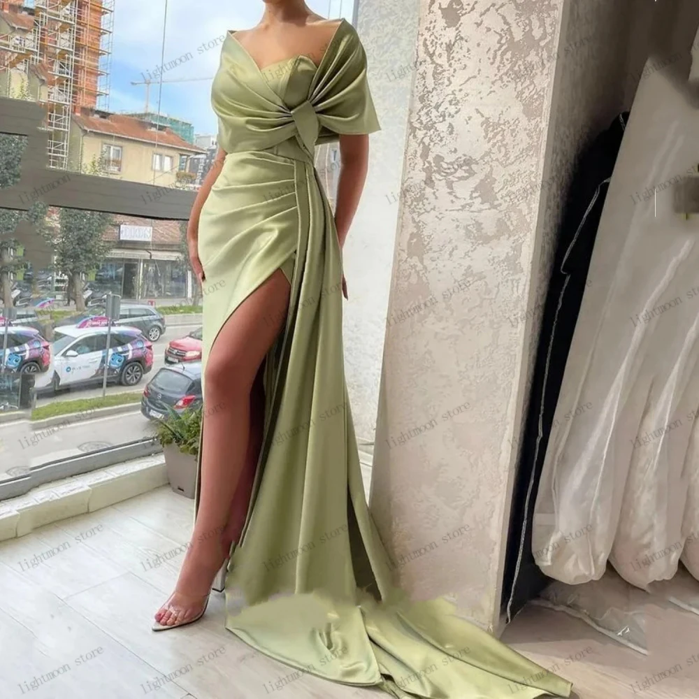 

Simple Evening Dresses Satin Pleat Prom Dress High Slit Off The Shoulder Robes For Formal Party Elegant 2024 Vestidos De Gala