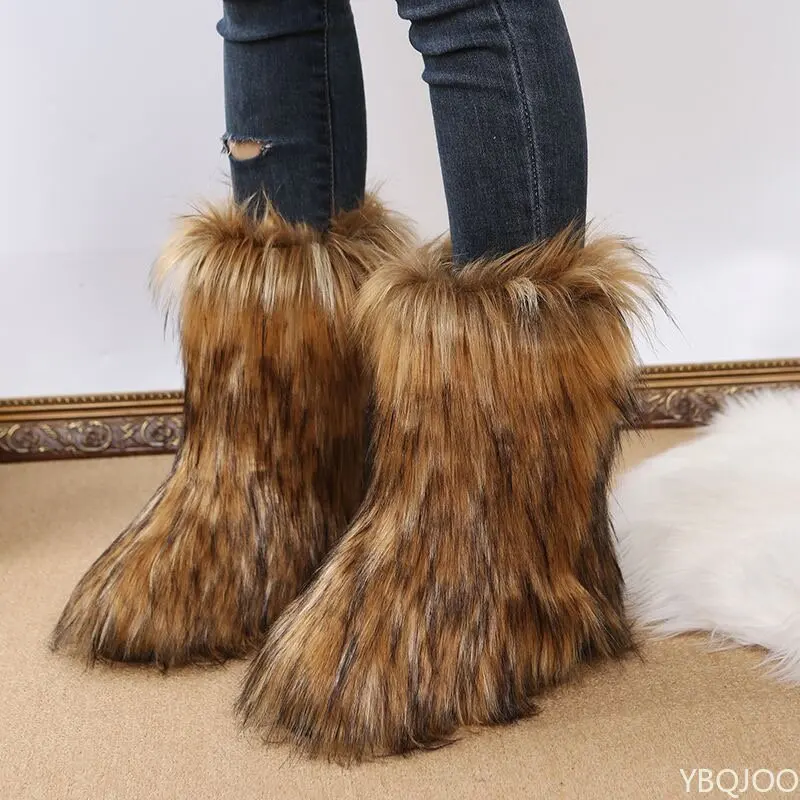 Women's Winter Snow Boots Outdoor Luxury Furry Faux Fox Fur Boots Woman Plush Warm Platform Shoes New Fashion Bottes Big Size