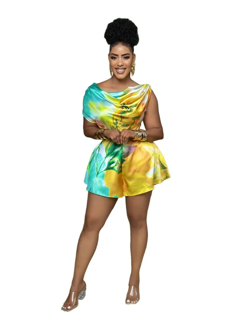 Wmstar Jumpsuit Women Wholesale Fashion Loose Printed Sleeveless Lace Up Shorts Summer Women's Clothing Romper Dropshopping