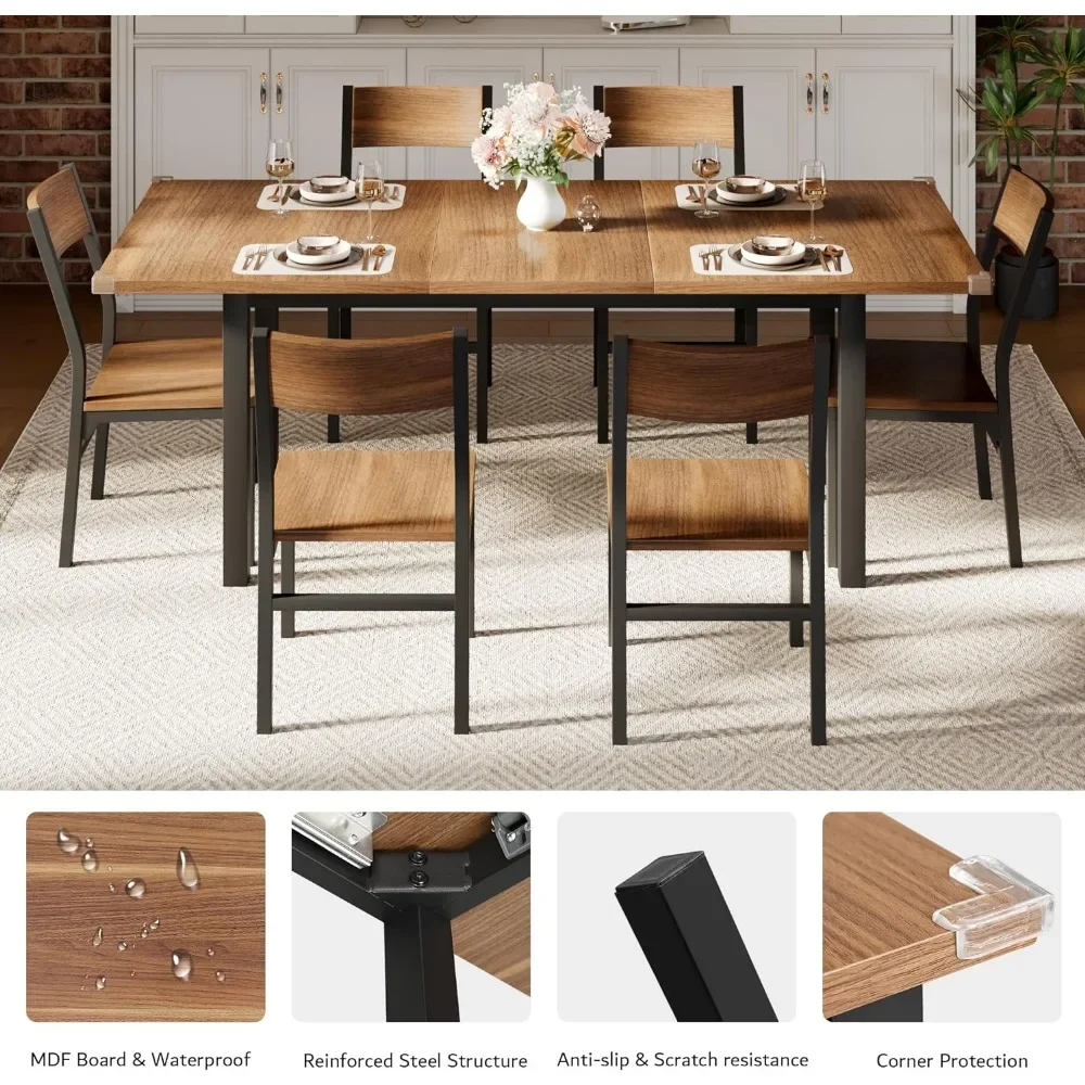 Dining Table & Chairs Set for 4-8, 63" Extendable Kitchen Table Dining Room with Metal Frame & MDF Board, Easy Clean