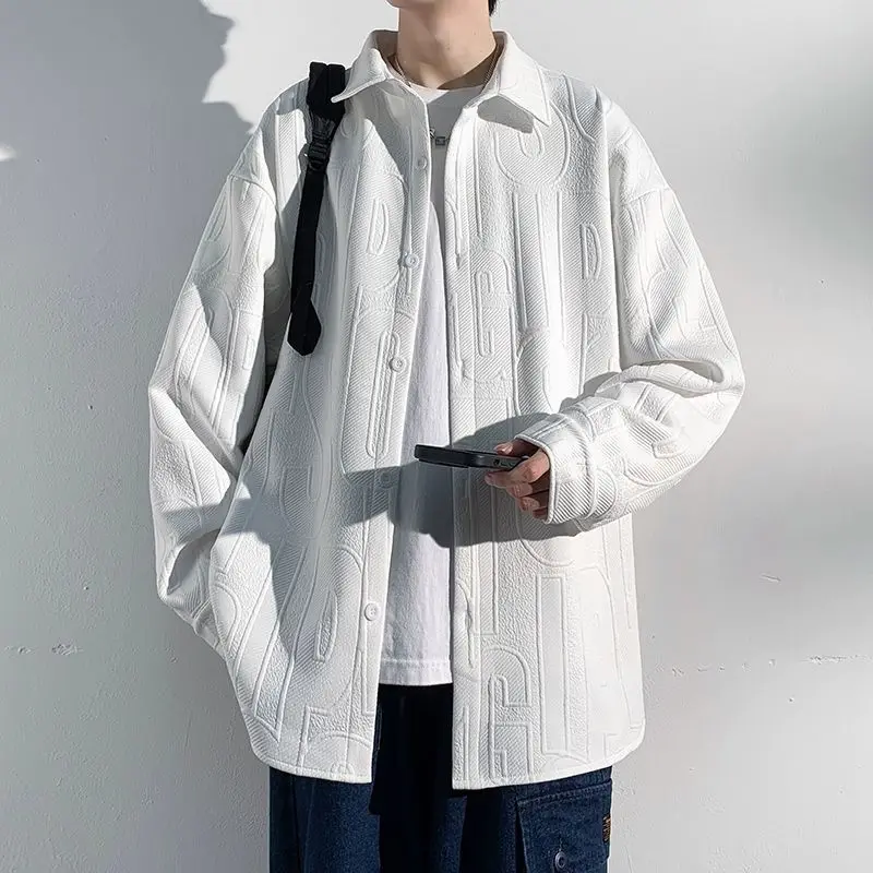 

Men Long Sleeve Shirts Letter Spring Autumn Fashion Buttons Outerwear Turn-down Collar Jackets Vintage Male Casual Loose Coats
