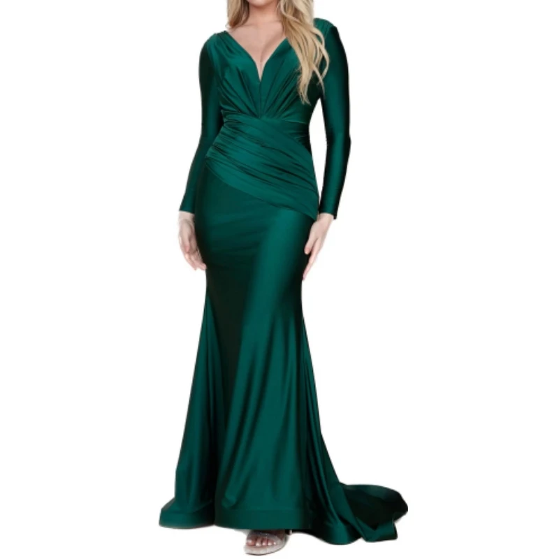 Vestidos máximos de terciopelo con cuello en V y estilo sirena Pavo real