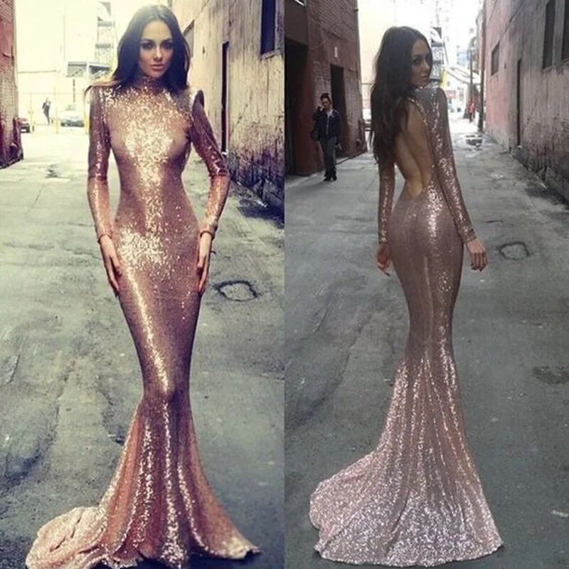 

New women's Skintight gold backless Sparkly dress Slim mermaid floor-length cocktail dress