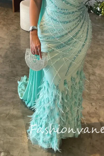 Fashionvane 2024 Customized Mermaid One Shoulder Shiny Pleated Pearls Feathers Women Prom Dresses Sexy Party Gown Evening Dress 2