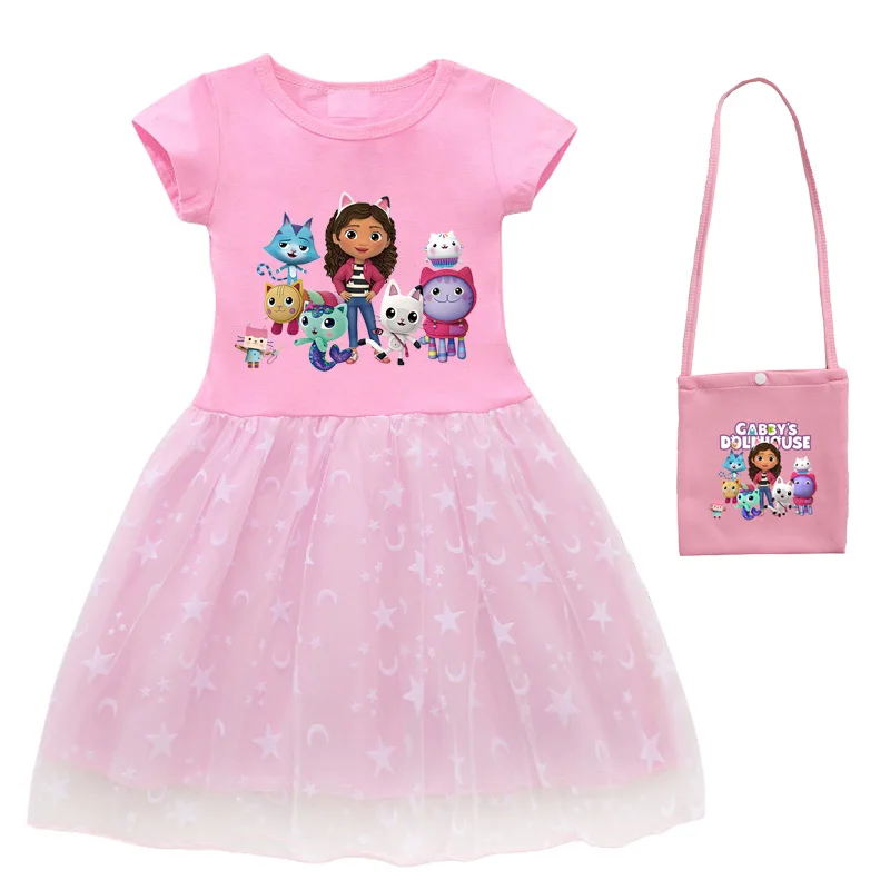 2024 New Summer Cartoon Gabby Cats Dresses Baby Girls Princess Dress Bag Headband Kids Gabby's Dollhouse Cosplay Costume 4